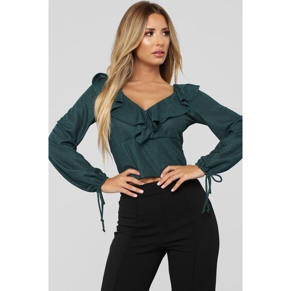 Teal ruffle long sleeve blouse - Picture 1 of 8